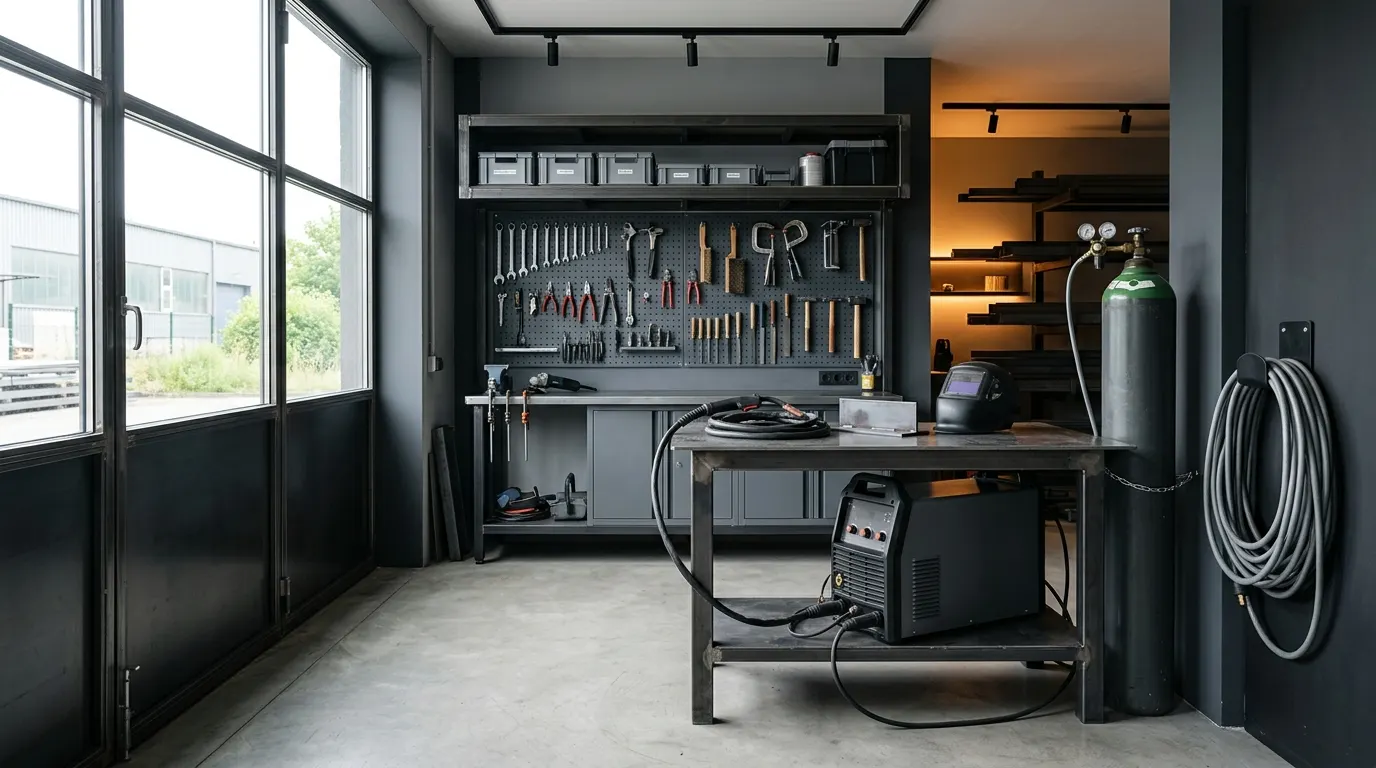 Aufgeräumte Schweißwerkstatt mit Werkzeugwand, Schweißtisch und Equipment